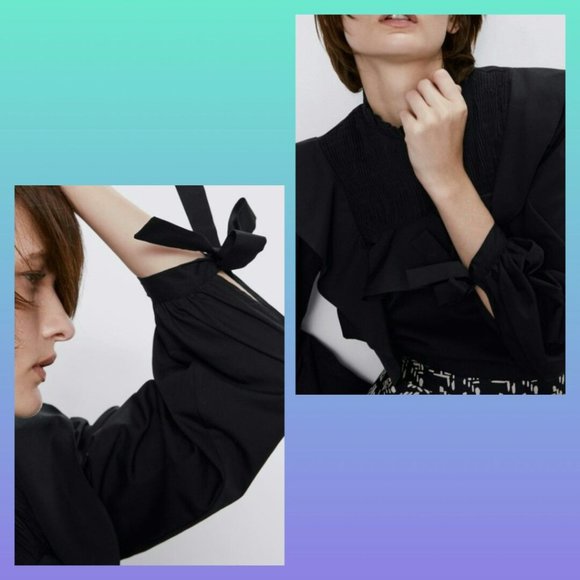 Zara Black Ruffle Top With Bows - Picture 5 of 7